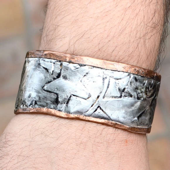 Mens Solid Copper Cuff Bracelet Silver Inlay Star Design Handmade Gift Man - Picture 5 of 7